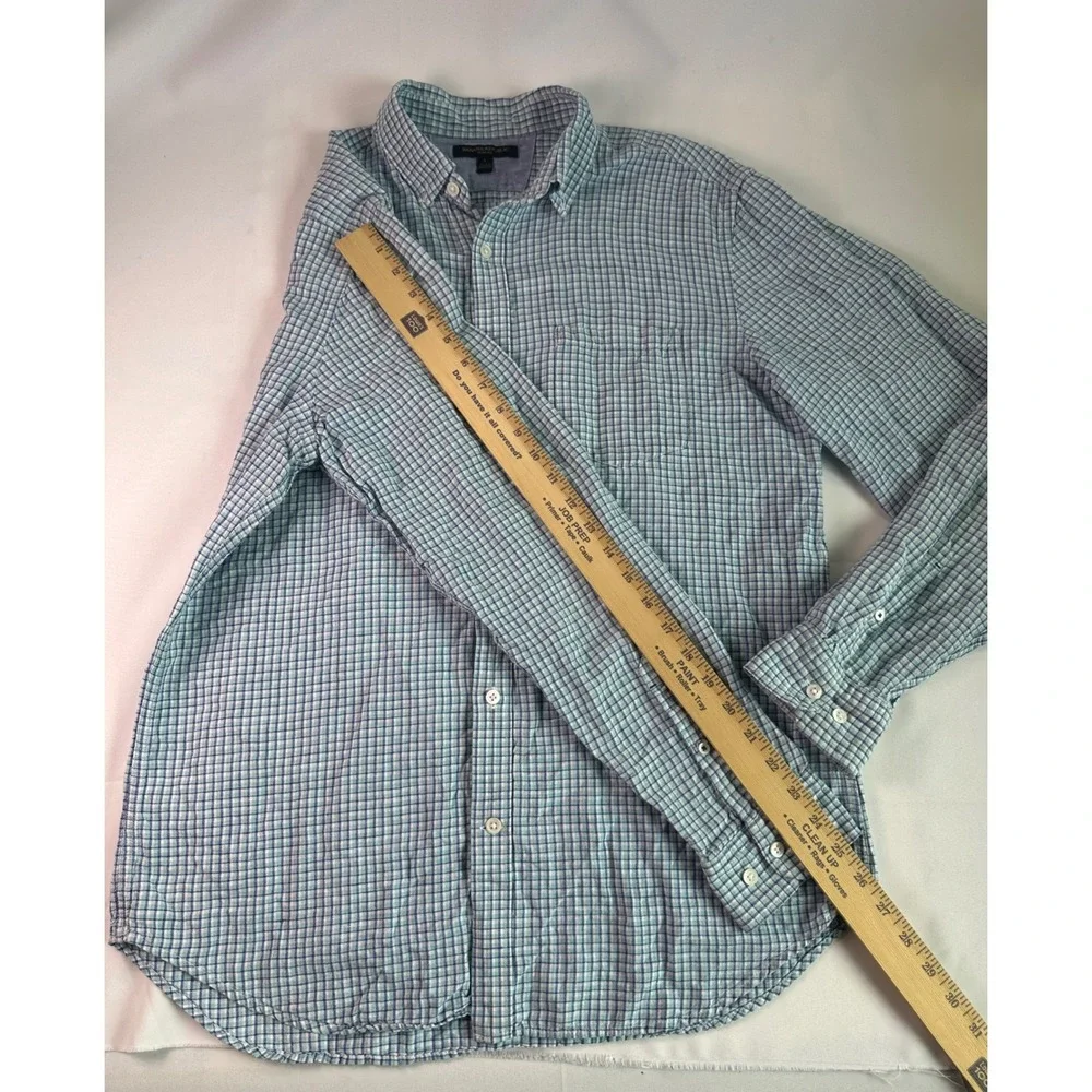 Banana Republic Slim Fit Linen Blend Men Sz L Blue L/s Button Down Plaid‎ Check